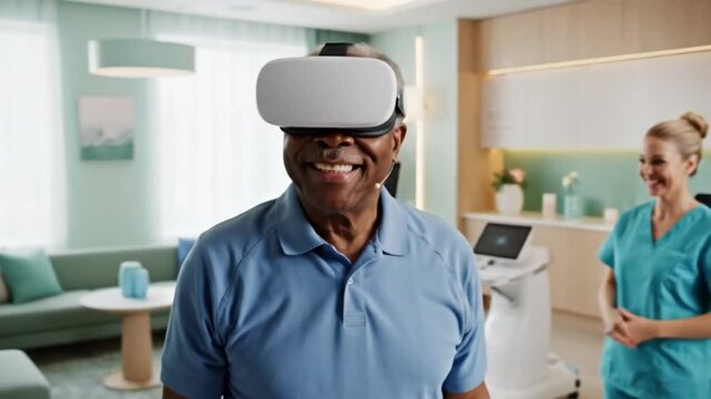 Elder Man Using Virtual Reality Therapy In Clinic.
