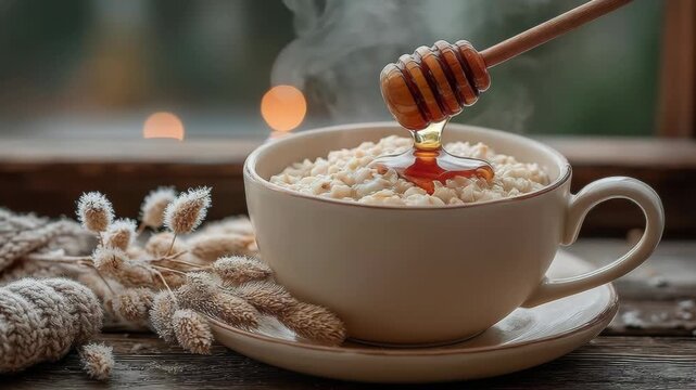 Cozy autumn breakfast: honey drizzling on oatmeal with natural rustic ambiance