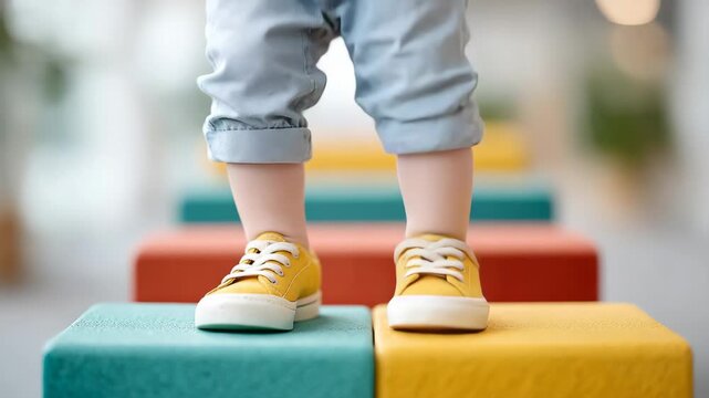 Child's playful jumping across colorful blocks in casual sneakers