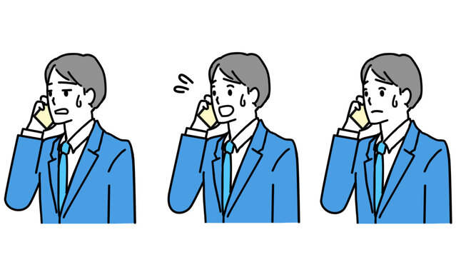  困った表情で電話する若いビジネスマンのイラストセット