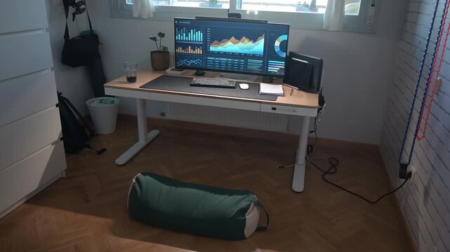 Man sits on a yoga bolster working on a computer at home