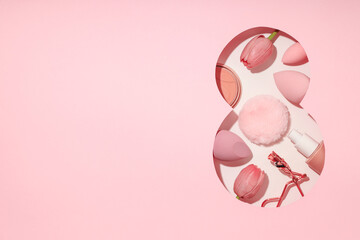Obraz premium Beauty items and flowers for March 8 celebration