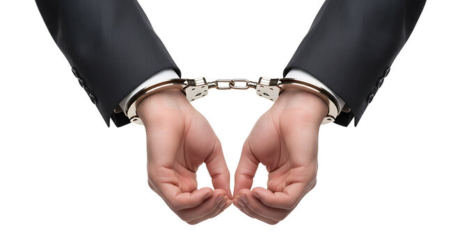A businessman in handcuffs with hands behind back, symbolizing crime and business corruption from a rear viewpoint