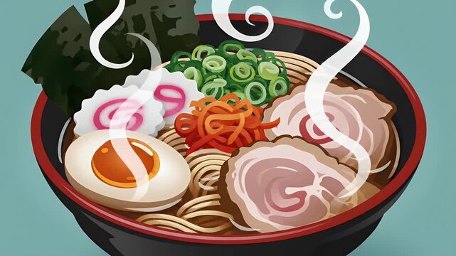 Steaming bowl of traditional Japanese ramen noodles with delicious toppings