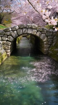 Cherry Blossoms and Stone Bridge Spring Scenery Generative AI