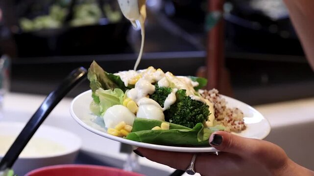 Close Up of Creamy Dressing Poured Over Fresh Garden Salad