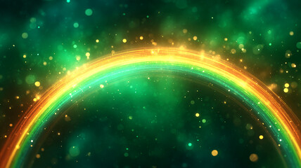 St. Patrick's Day. A colorful, golden rainbow on a green background.