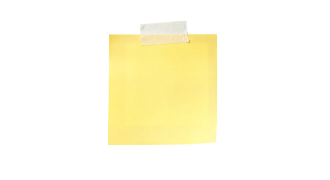 Yellow sticky note with white tape, for mockup or reminder, isolated on transparent background, png