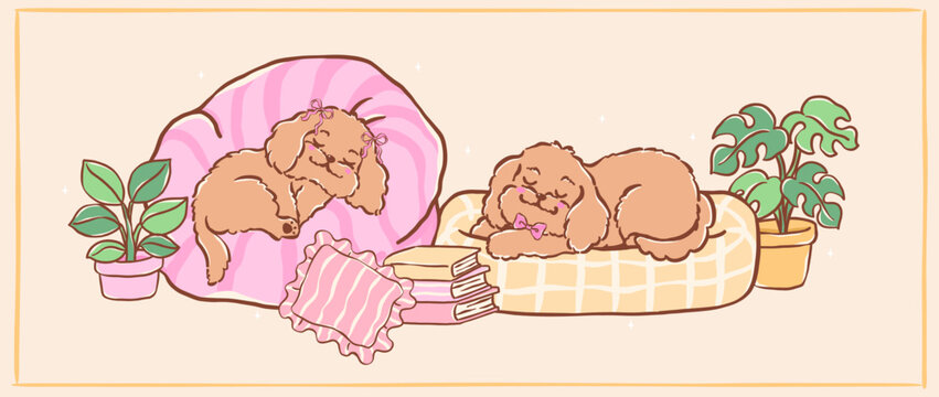 Adorable cavoodle puppies sleeping on cozy couch whimsical hand drawn banner