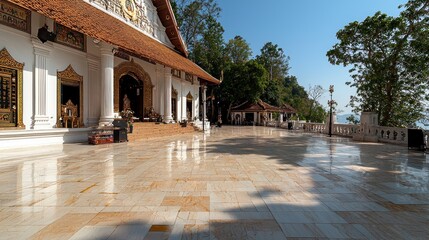 Obraz premium A serene, large white temple with a tiled roof, open to a sunny terrace. Sunlight reflects on the polished floor