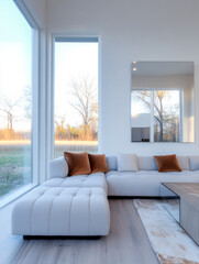 Fototapeta premium Modern white living room with large windows showcasing autumn landscape at sunset
