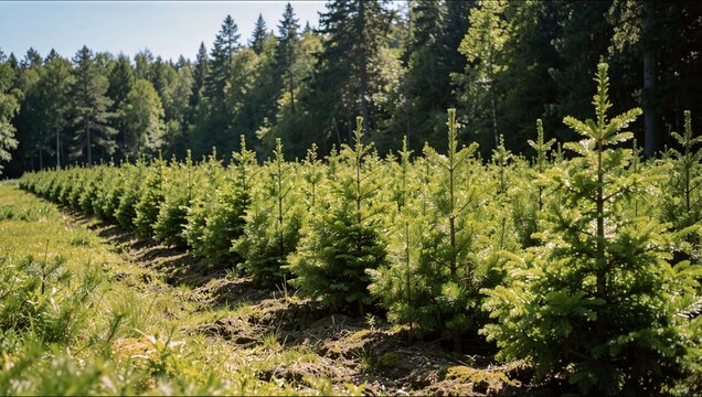 A vast nursery field shows rows of small young pine trees growing healthily under bright sunlight near a dense forest.