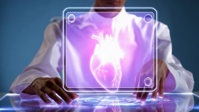 An advanced holographic representation of a human heart is skillfully manipulated by a professional in a high-tech environment, showcasing the merging of medicine and technology in a striking visual