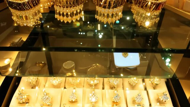 Gold earrings displayed in a luxurious glass case under spotlights. Elegant and detailed design. 4k Video footage.