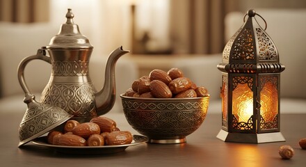 Traditional middle eastern ramadan decor with dates and lantern