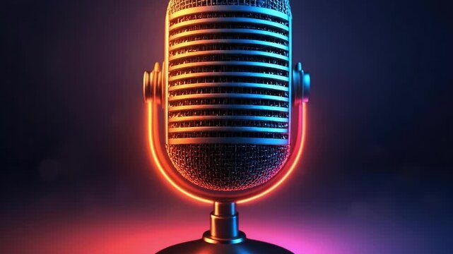 Vintage microphone with neon lighting against dark background