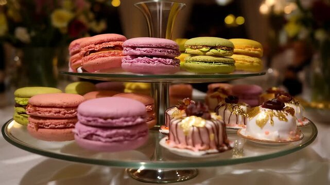 Sweet treats on display at a dessert table with colorful macarons and pastries during an evening gathering