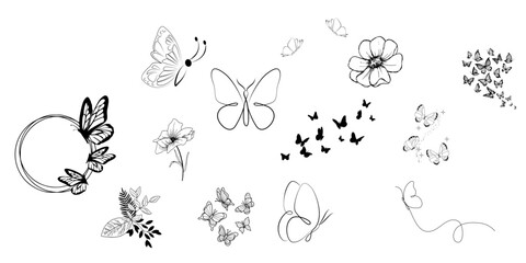 Minimalist Butterfly Line Art Icon Collection and Decorative Nature Design Elements