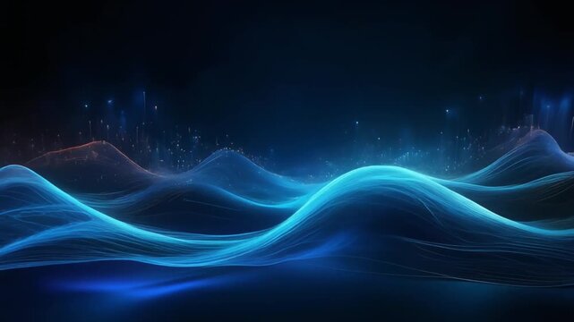 Vibrant blue digital waves flowing dynamically through dark space