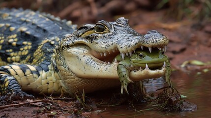 Fototapeta premium A wild alligator with prehistoric scales and a focused eye rests in the swampy Everglades wildlife, resembling a natural dragon among the reptiles and animals of the nature reserve