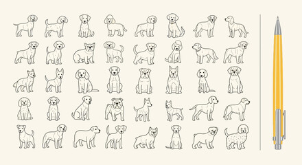 Obraz premium A collection of diverse dog breeds illustrated in a simple line art style, showcasing various poses and body types.