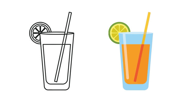 Abstract vector illustration set showcasing a tall glass of refreshing orange juice complete with a citrus slice garnish and a drinking straw in both outline and filled styles