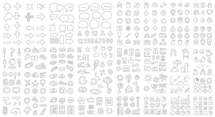 A comprehensive collection of hand-drawn icons and symbols, featuring arrows, speech bubbles, numbers, and various abstract shapes. © Avoxel