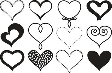 Heart silhouette icons set featuring various line weights and decorative patterns isolated on white background for wedding card design and romance theme projects