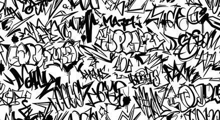 Seamless black and white graffiti pattern with various tags and street art elements creating a chaotic urban background. © Avoxel