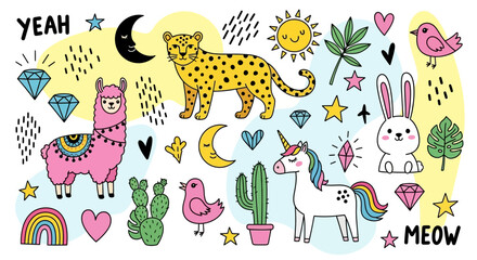 Obraz premium A vibrant collection of cute cartoon animals and whimsical elements like a leopard, llama, unicorn, bunny, sun, moon, stars, and diamonds on a colorful background.