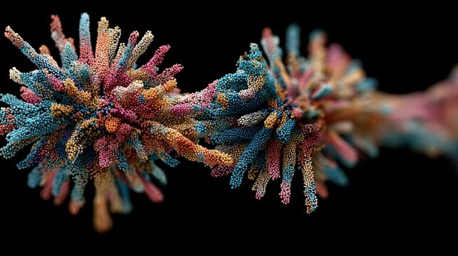3D abstract illustration of a "Cultural DNA" strand made of colorful local beads and digital bits, surreal science, copy space