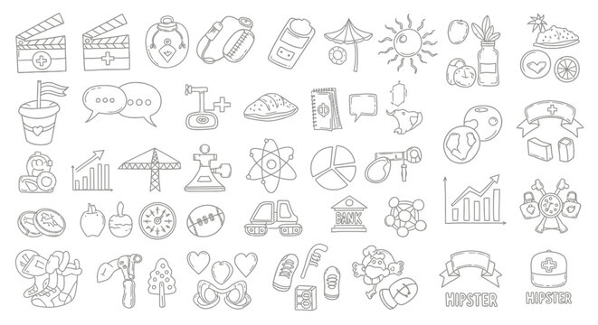 A collection of hand-drawn outline icons representing various concepts from film, business, science, lifestyle, and everyday objects.