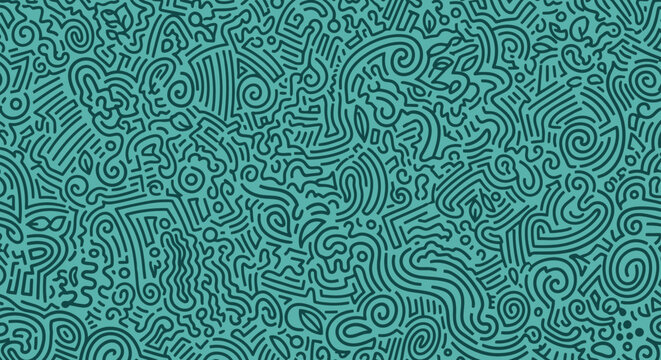 Intricate seamless abstract pattern with swirling lines and organic shapes on a teal background, creating a complex doodle design.