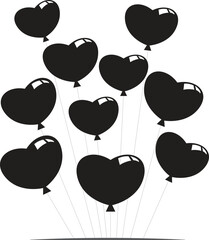 Black heart shaped balloons floating upwards, symbolizing love, celebration, and romance, perfect for valentine day or anniversary designs on white background