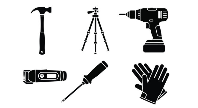 Hammer vector icons set including drill and work gloves