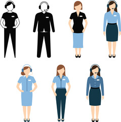 Fototapeta premium Customer service staff illustration set showing call center agents wearing headsets professional uniforms support teamwork communication helpdesk vector design
