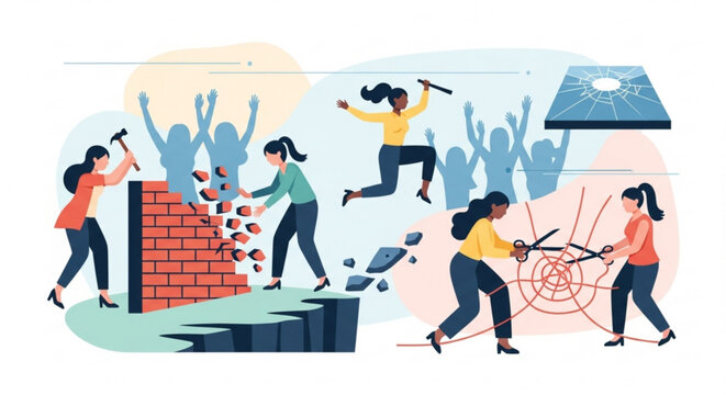Women breaking down barriers and obstacles in teamwork and collaboration with hammers