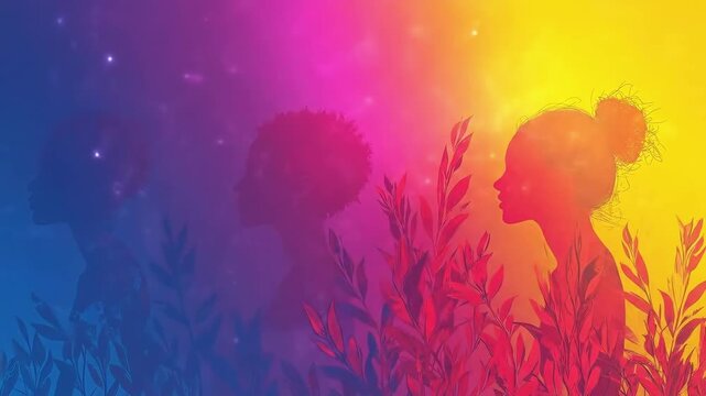Vibrant silhouettes of african children with colorful background and foliage. International Women's Day, March 8th, IWD - Global Feminine Celebration, Women's Rights Day