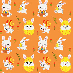 Obraz premium Playful Easter Bunnies with Colorful Eggs and Flowers