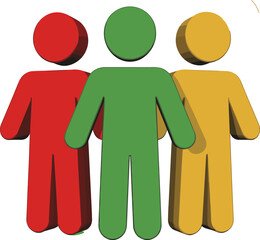 Three people teamwork icon illustration, community understanding diversity cooperation partnership support concept for business social unity design