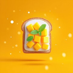 Slice of Bread with White Cream Topping Yellow Mango Cubes and Fresh Mint Leaves on Vibrant Yellow Background