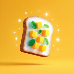 Vegetarian Sandwich with Cheese and Fresh Mint Leaves on White Toast in Bright Yellow Background