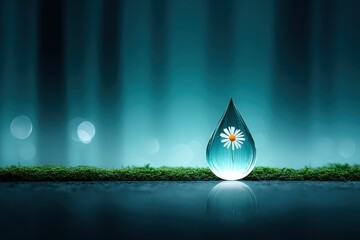 Elegant Water Droplet with Daisy Inside on Green Moss in Soft Blue Light