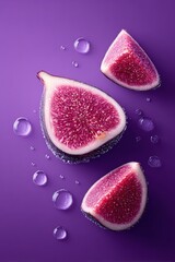 Fresh Pink Figs Slices on Purple Surface with Water Bubbles Artistic Food Photography