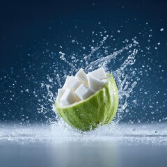 Green Apple Halved with Cubes Falling Into Water Splash Close-up