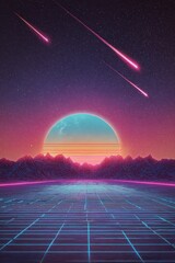 Retro Futuristic Landscape with Neon Grid Mountains Sunset and Shooting Stars