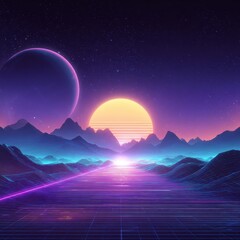 Futuristic Digital Landscape with Neon Mountains and Setting Sun Under Starry Sky