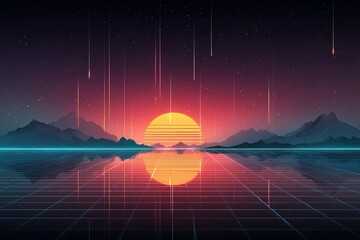Futuristic Sunset Landscape with Digital Grid and Falling Stars in Retro Style