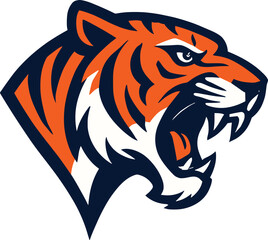 Fierce roaring tiger head mascot vector illustration, aggressive wild animal face logo design, isolated on white background for sports team.