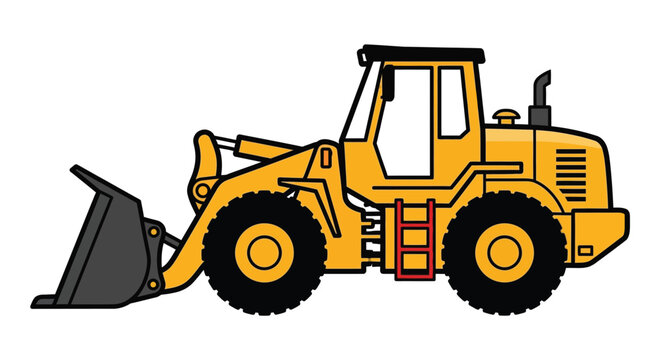A yellow front loader with a large bucket on a white background